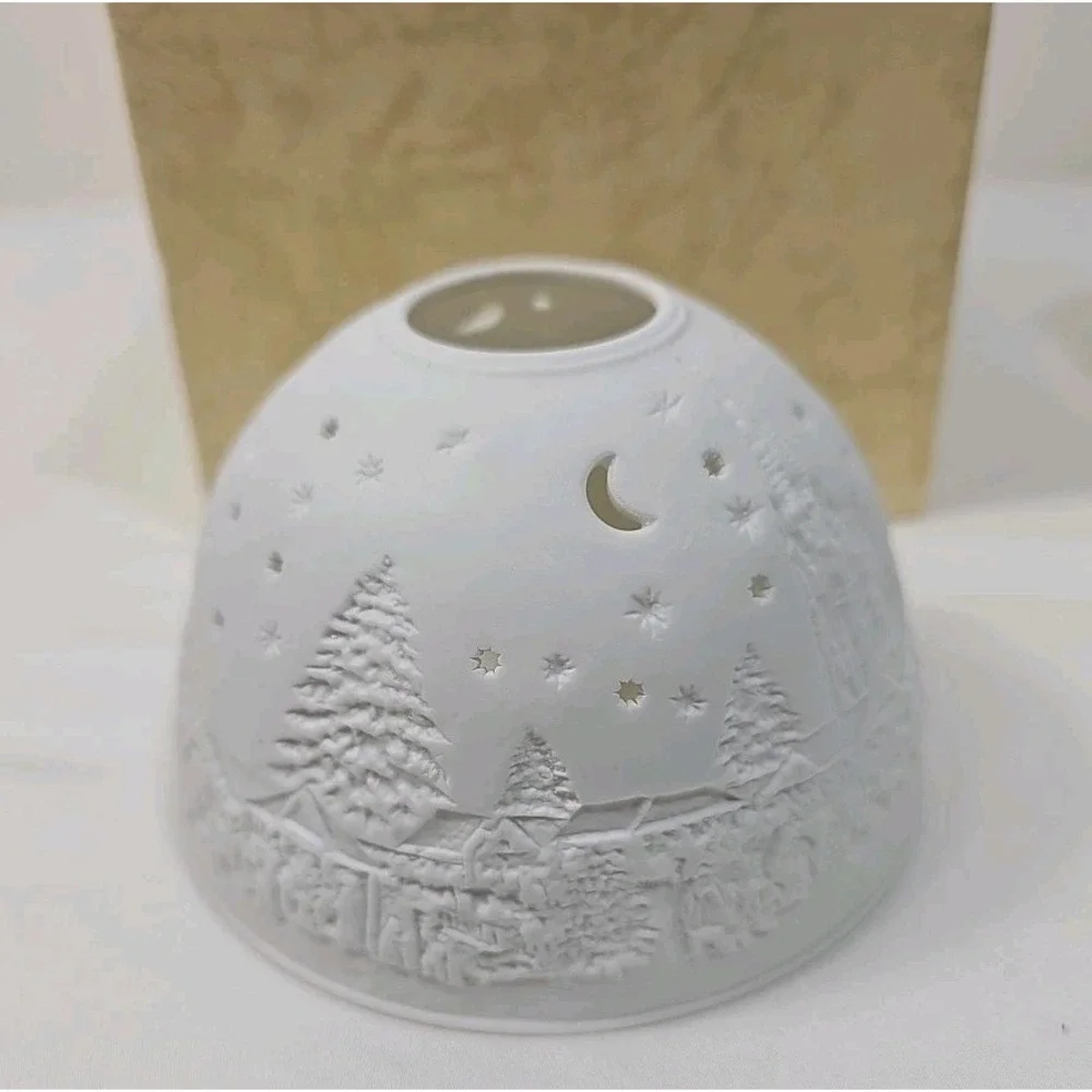 Starlight Glowing Candle Holder White Porcelain Winter Village Dome LED Tealight